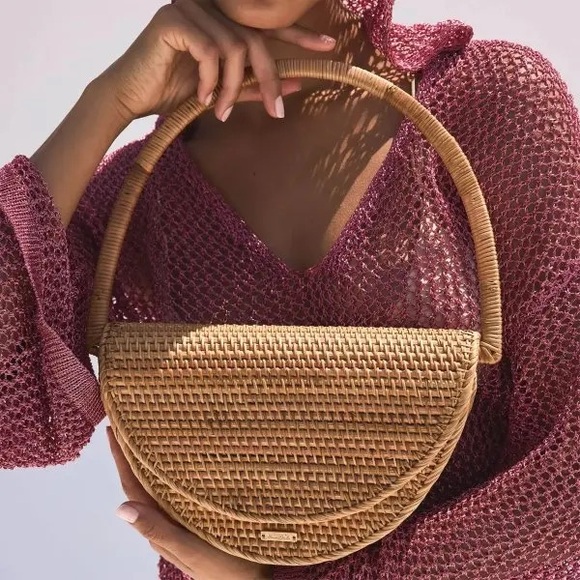 cult gaia Handbags - Cult Gaia Ryka Rattan Woven Monogram Shoulder Bag Natural Beach Brown